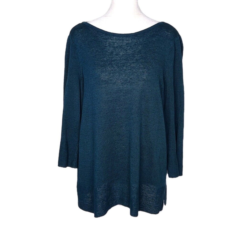 J Jill Tunic Sweater Teal Blue Linen Blend Boat Neck Open Knit 3/4 Sleeve Medium